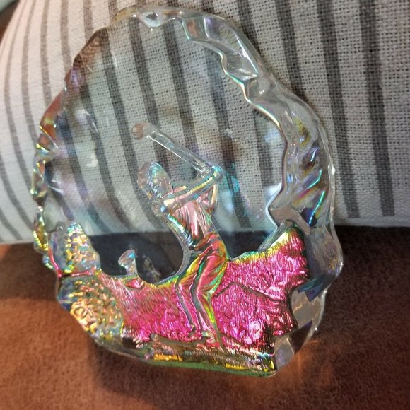 Crystal Iridescent Golf Award Trophy 5.5'' Plaque Padded Box Heavy Glass - Picture 2 of 13